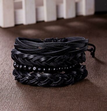 Brățara Vintage pentru bărbați din piele de vacă și lemn negru