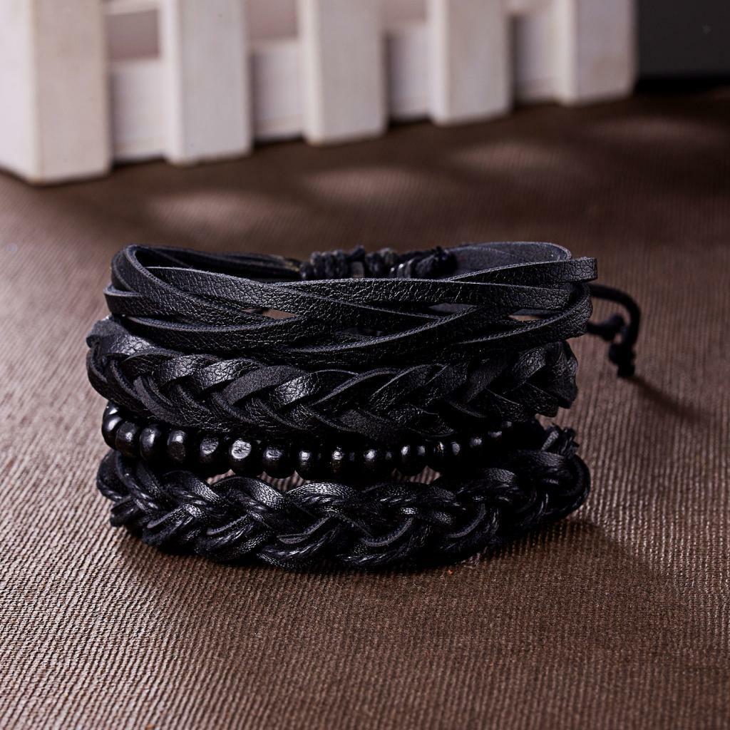 Brățara Vintage pentru bărbați din piele de vacă și lemn negru